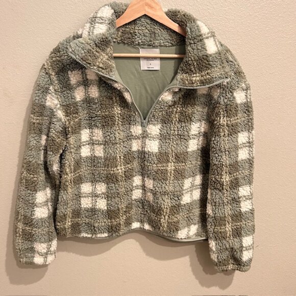 Angel Kiss Sage Green Plaid Sherpa Quarter Zip Pullover Size Medium - Picture 7 of 7